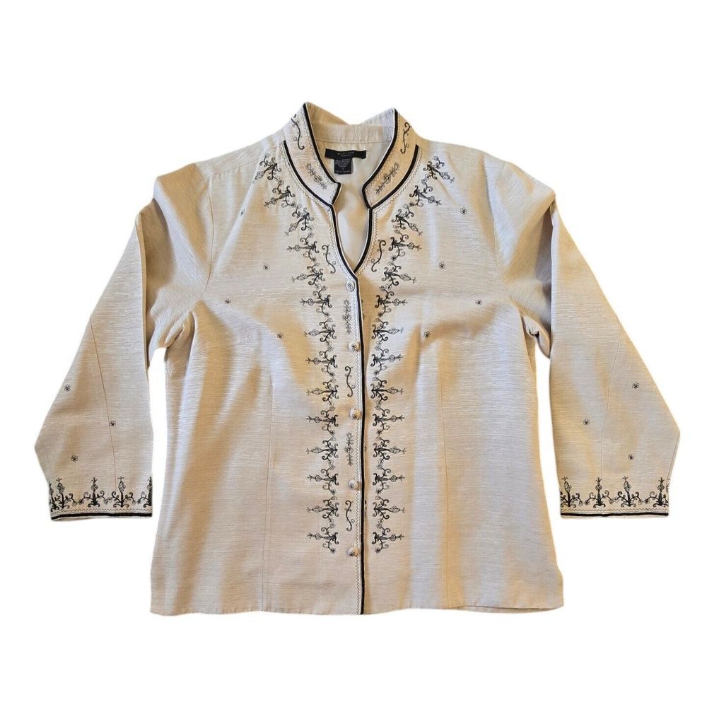 Silkland Women's Jacket Persian 100% Silk Black Floral Embroidery Beige Plus 1X